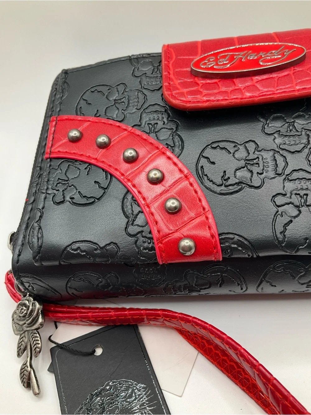 NWT Ed Hardy Black and Red Skull-Embossed Wristlet Wallet Biker Grunge Goth